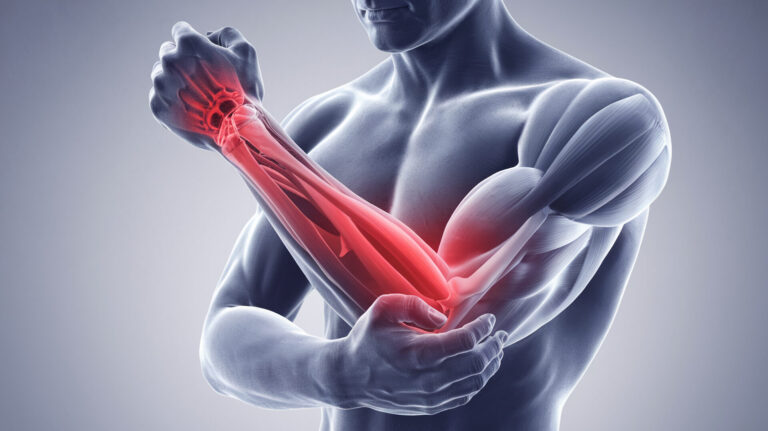 Medical illustration of male arm showing elbow pain, highlighting muscles and bones with red indicating inflammation, useful for healthcare, anatomy, or pain management resources.